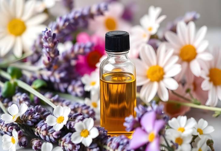 Charming Lavender Oil Bottle Amidst Fresh Flowers